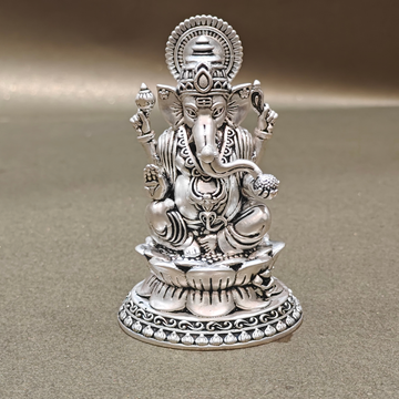 Silver-Plated Lord Ganesha Idol on Lotus Base