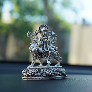 Durga Ji on Tiger Idol in Silver Plating for Car Dashboard