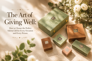 SABERA velvet gift boxes in green, brown and blush sizes, styled with white flowers