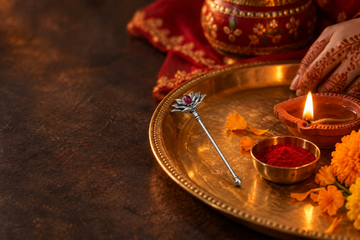 Rajatkamal tilak stick in pure silver plating on a Karwa Chauth puja thali beside a lit diya