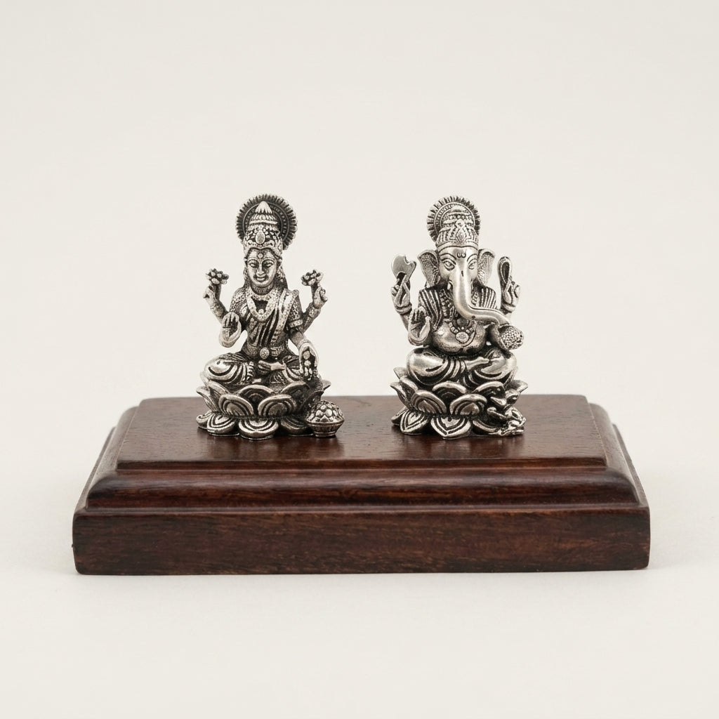 Lakshmi Ganesh Idol Set on Wooden Base in Pure Silver Plating