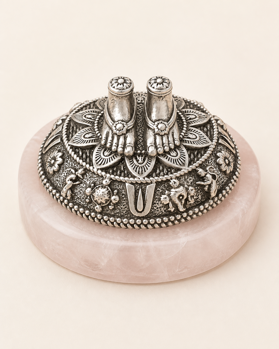 Tirupati Balaji Charan on Rose Quartz Base in Pure Silver Plating