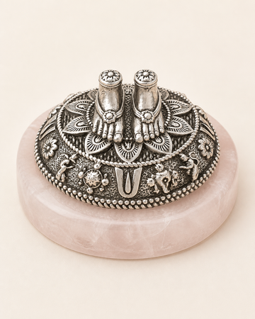 Tirupati Balaji Charan on Rose Quartz Base in Pure Silver Plating