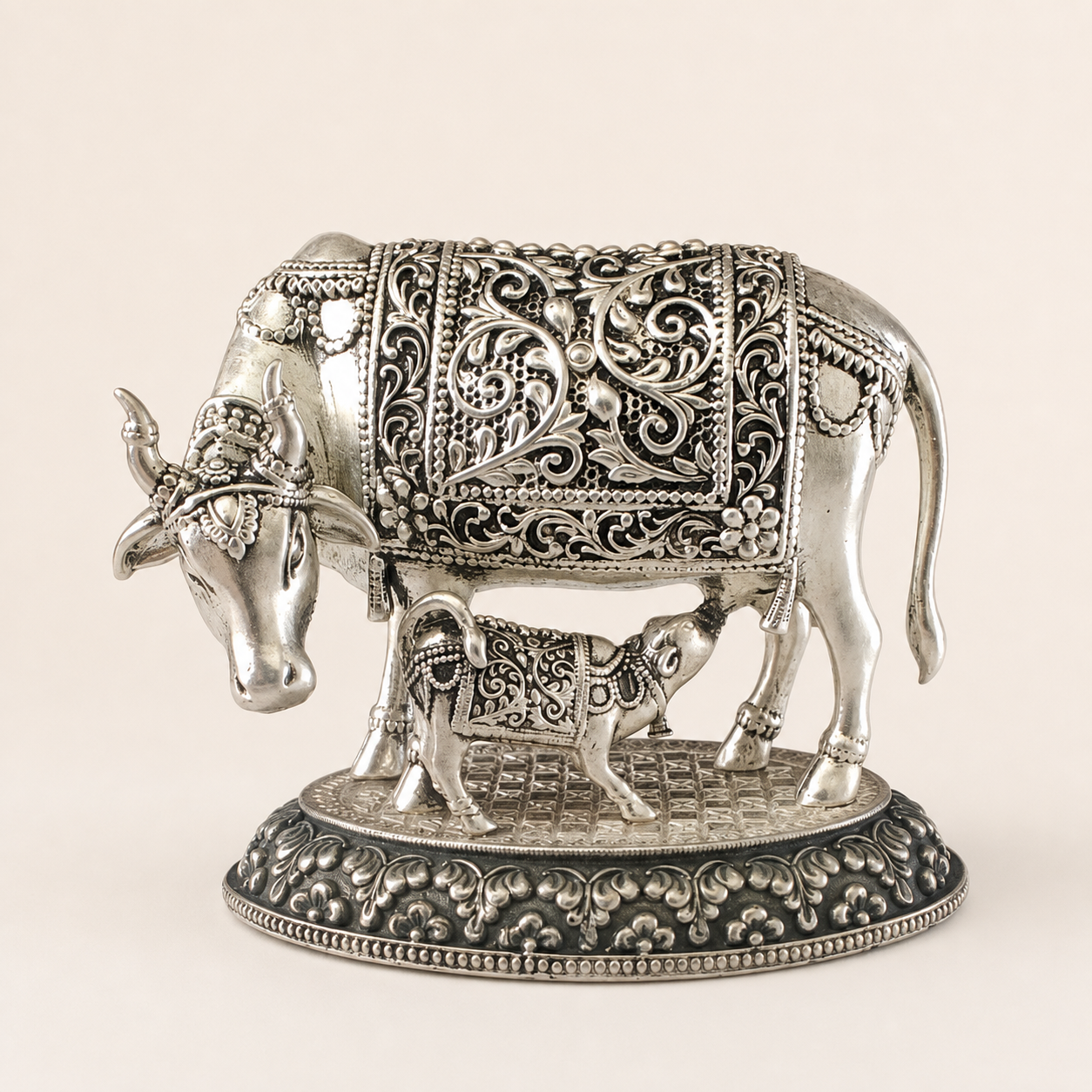 Kamdhenu Cow & Calf Sculpture in Pure Silver Plating