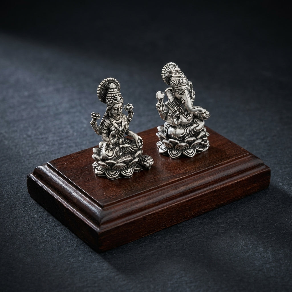 Lakshmi Ganesh Idol Set on Wooden Base in Pure Silver Plating