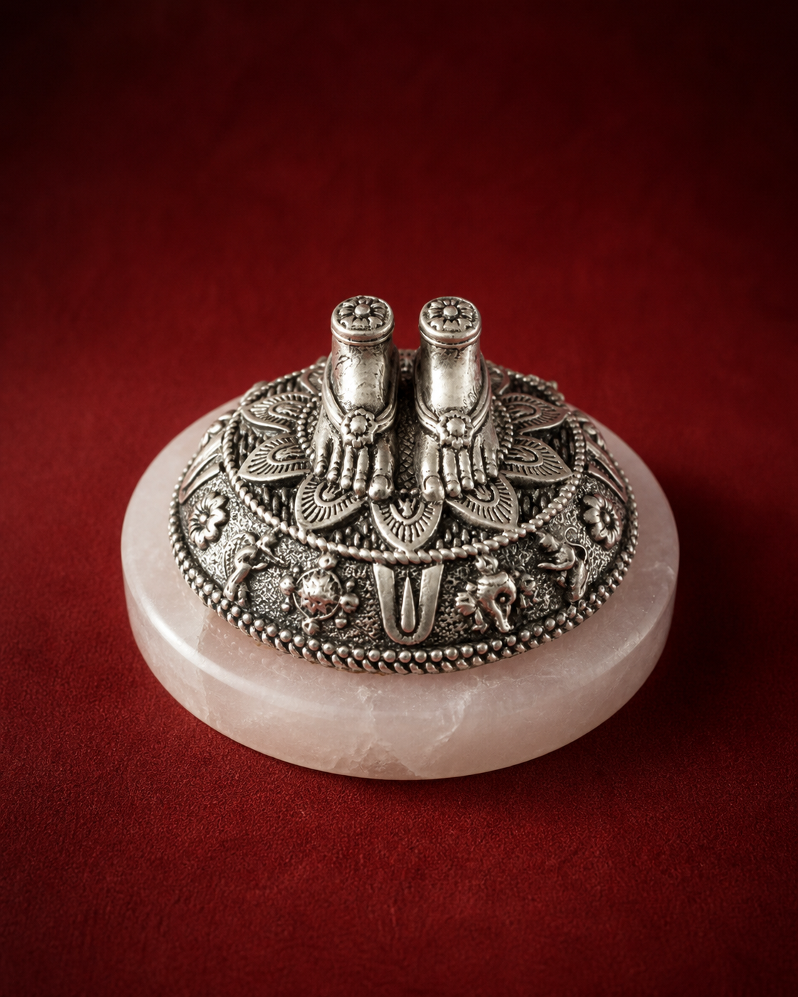 Tirupati Balaji Charan on Rose Quartz Base in Pure Silver Plating