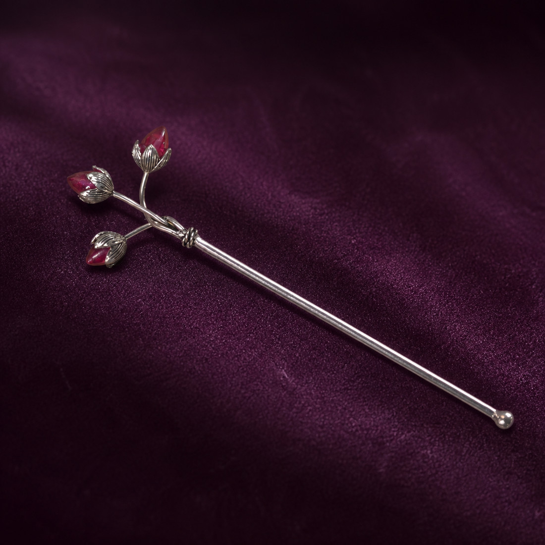 Trishakti Tilak Stick with Ruby Accents in Pure Silver Plating