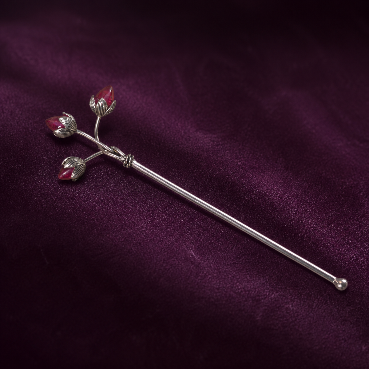 Trishakti Tilak Stick with Ruby Accents in Pure Silver Plating