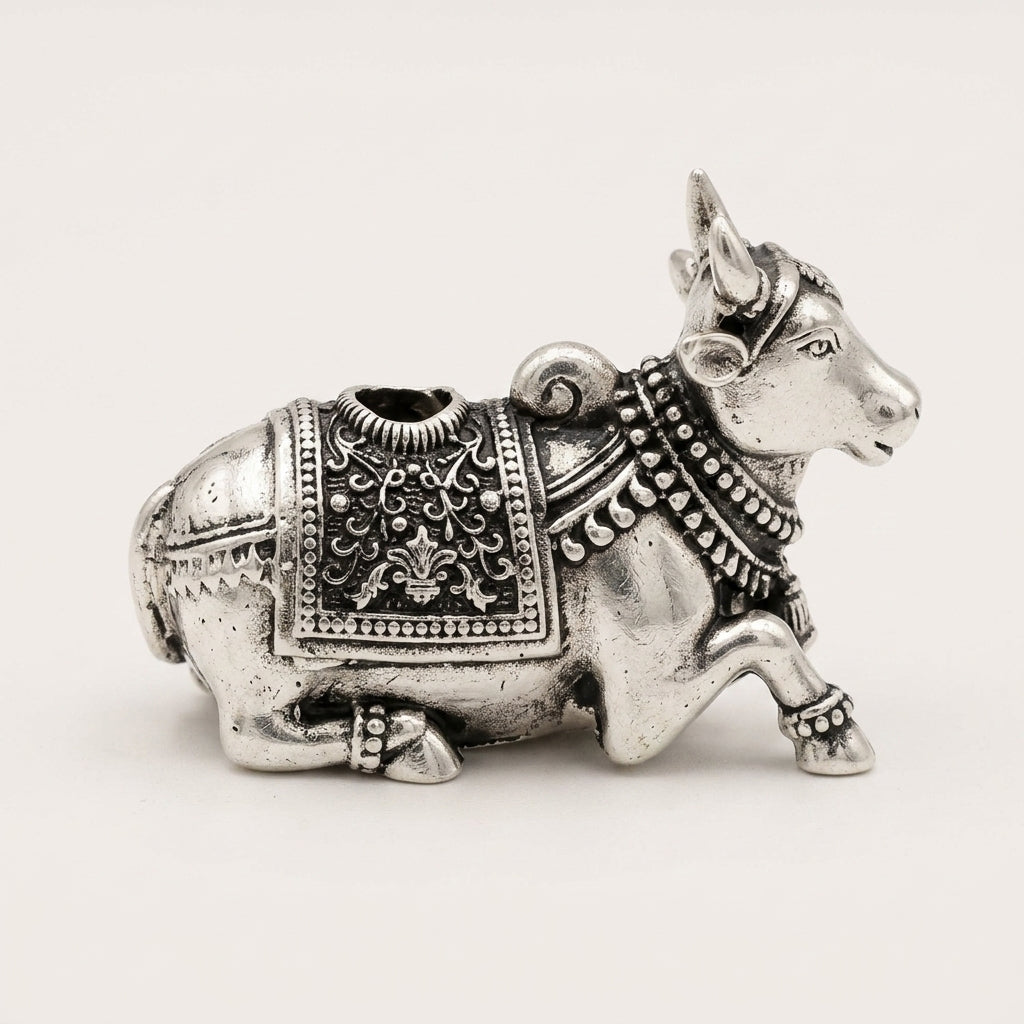 Nandi Dhoop Stand with Incense Sticks in Pure Silver Plating