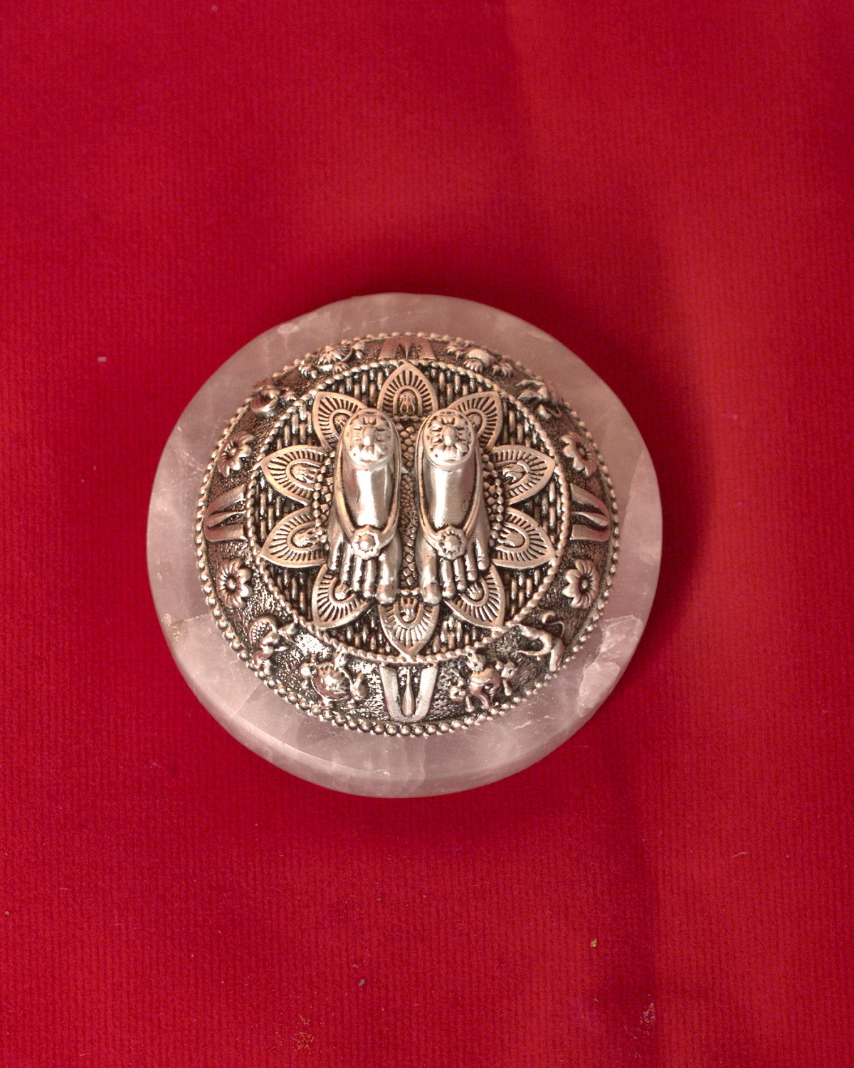Tirupati Balaji Charan on Rose Quartz Base in Pure Silver Plating