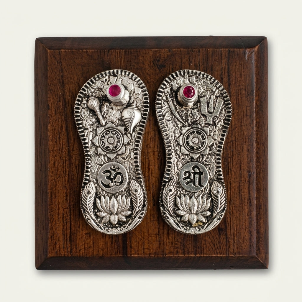 Vishnu Paduka on a wooden base in pure silver plating, one piece from the gift box
