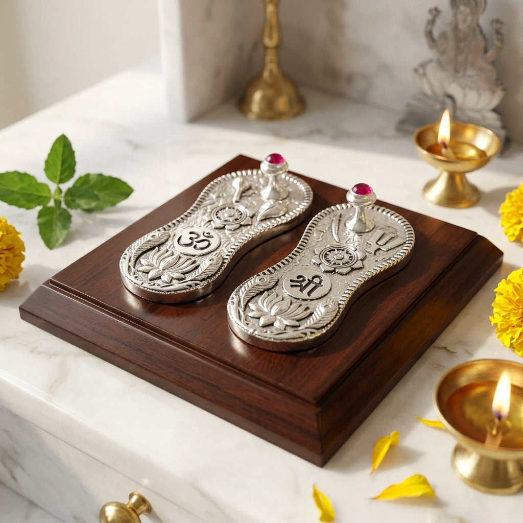 Vishnu Paduka on a wooden plank in a devotional altar setting
