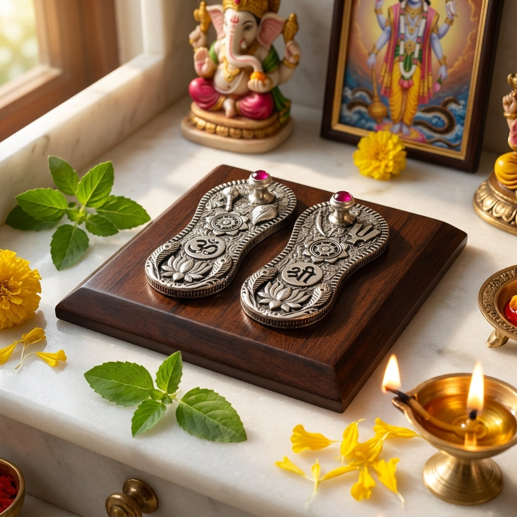 Vishnu Paduka on Wooden Base in Pure Silver Plating