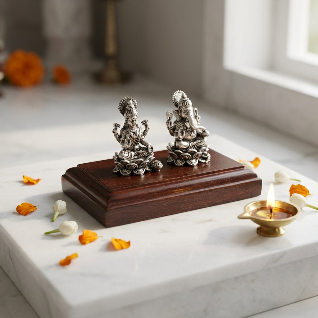 Lakshmi Ganesh Idol Set on Wooden Base in Pure Silver Plating