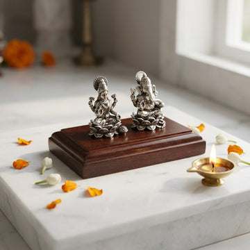 Lakshmi Ganesh Idol Set on Wooden Base in Pure Silver Plating