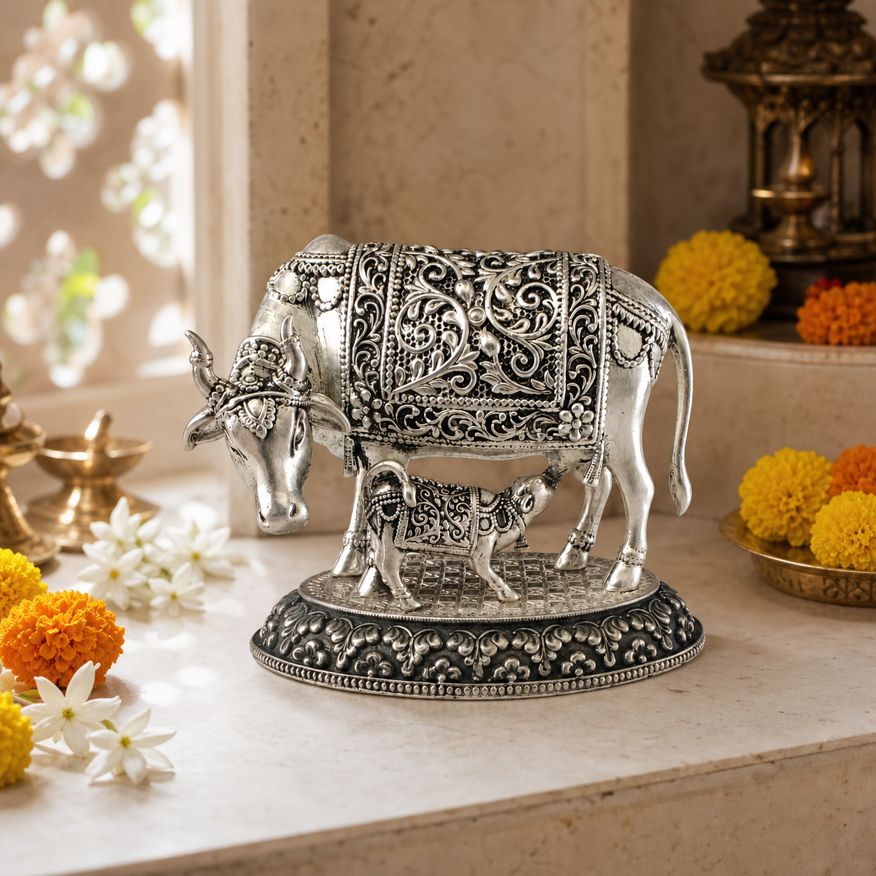 Kamdhenu Cow & Calf Sculpture in Pure Silver Plating