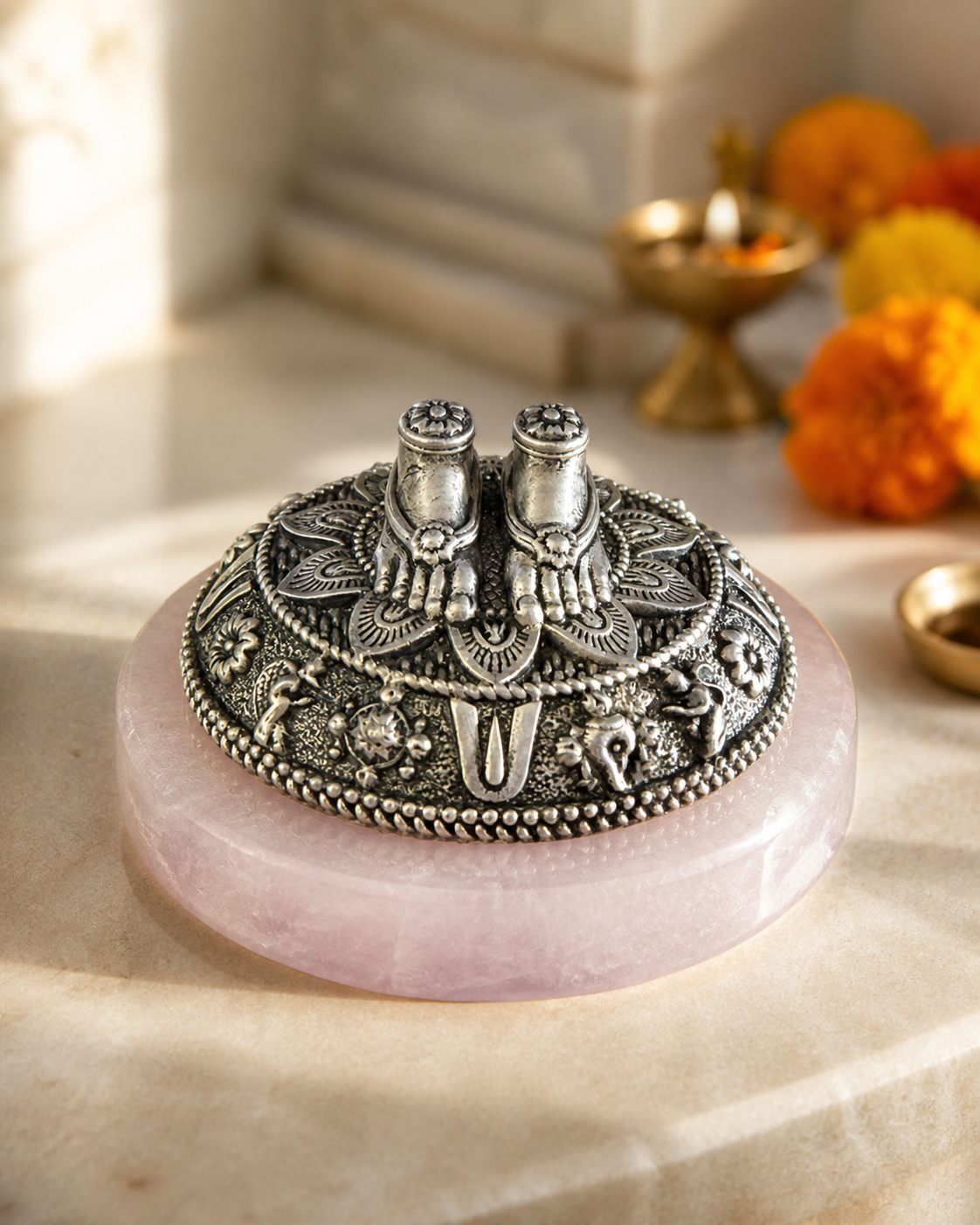Tirupati Balaji Charan on Rose Quartz Base in Pure Silver Plating