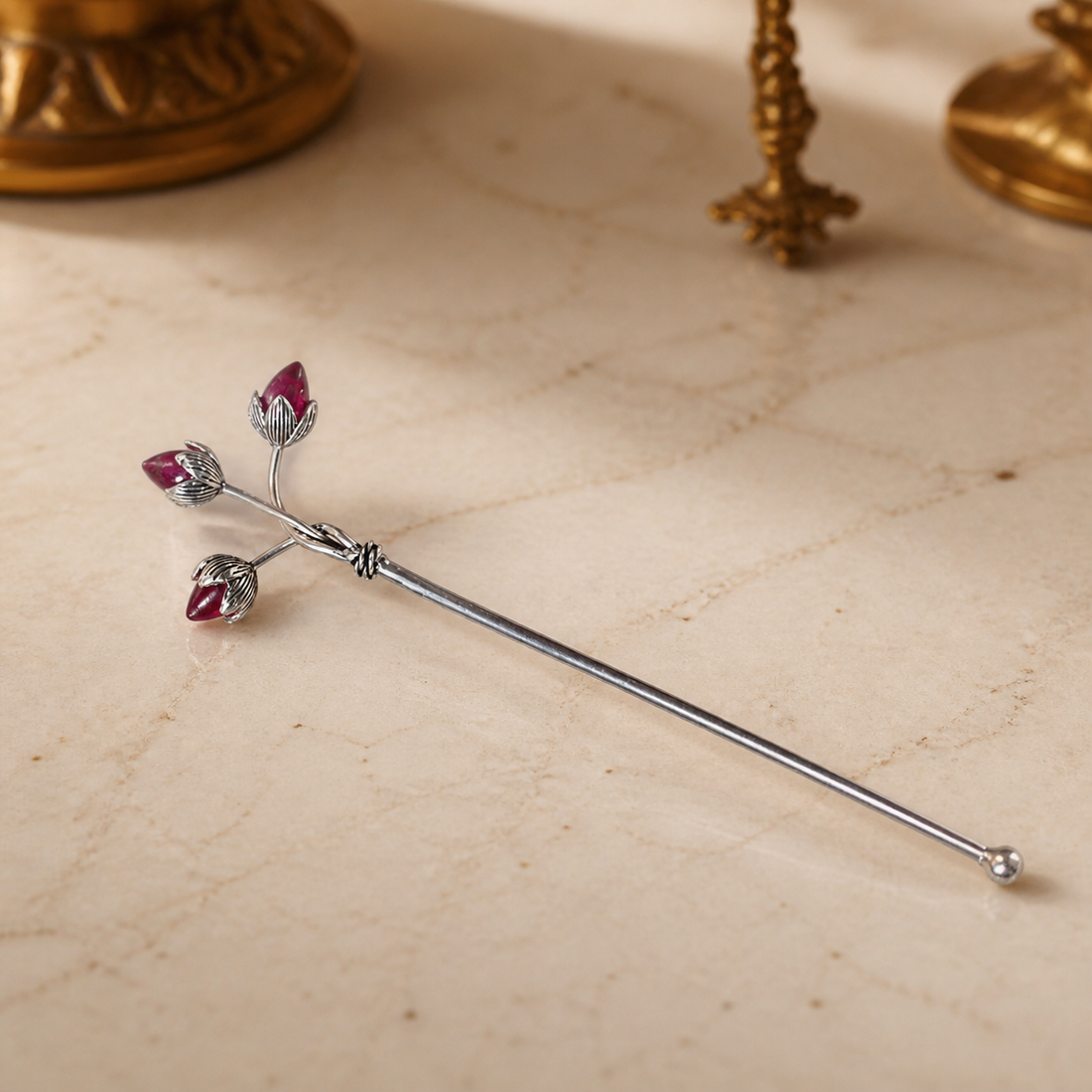 Sugandh pooja gift box open, holding oudh incense sticks, a roll-on oudh attar, a Nandi dhoop stand on a wooden base, a Ram Dhanush agarbatti stand and a lotus bud tilak stick, all in pure silver plating