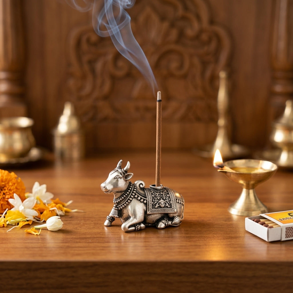 Nandi Dhoop Stand with Incense Sticks in Pure Silver Plating