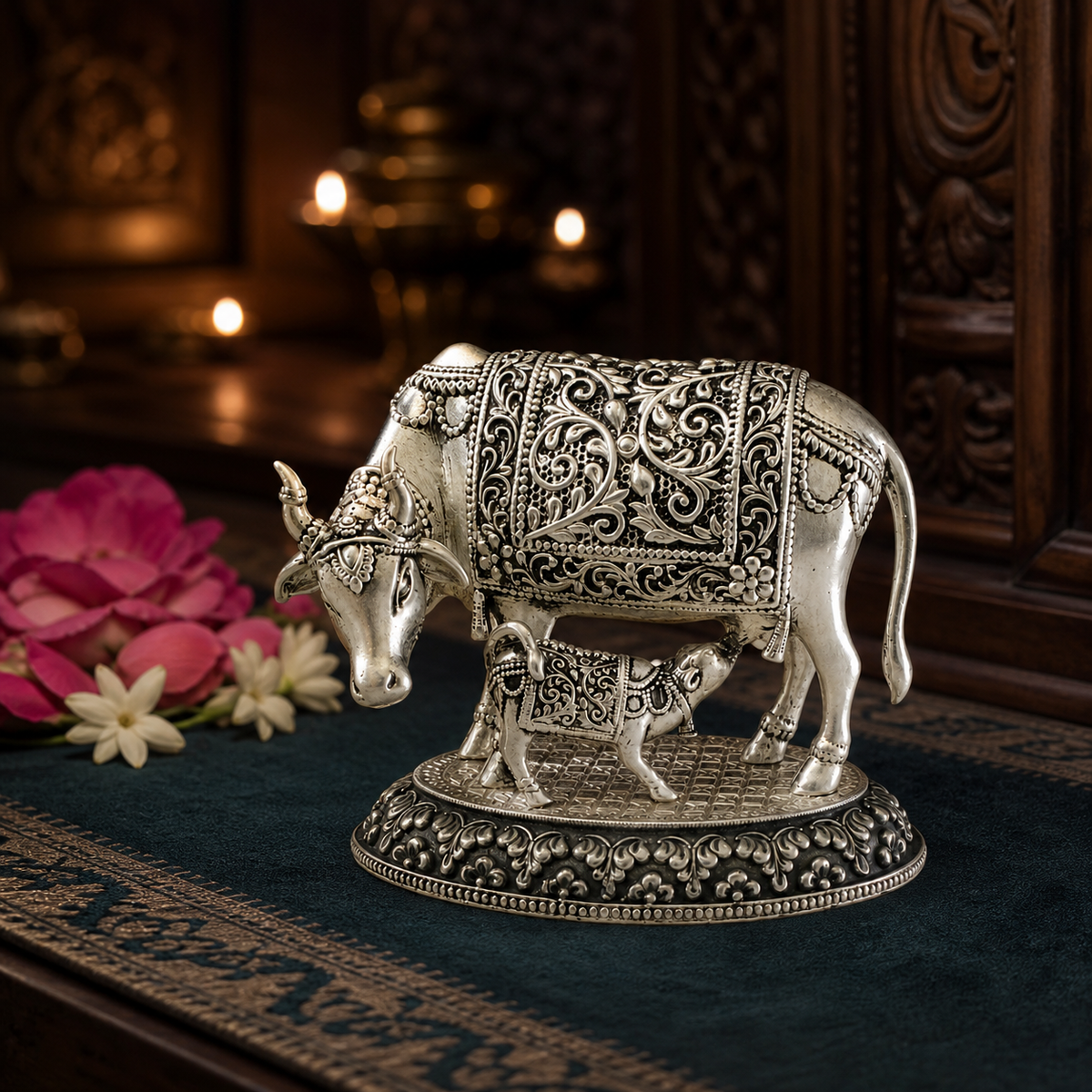 Kamdhenu Cow & Calf Sculpture in Pure Silver Plating