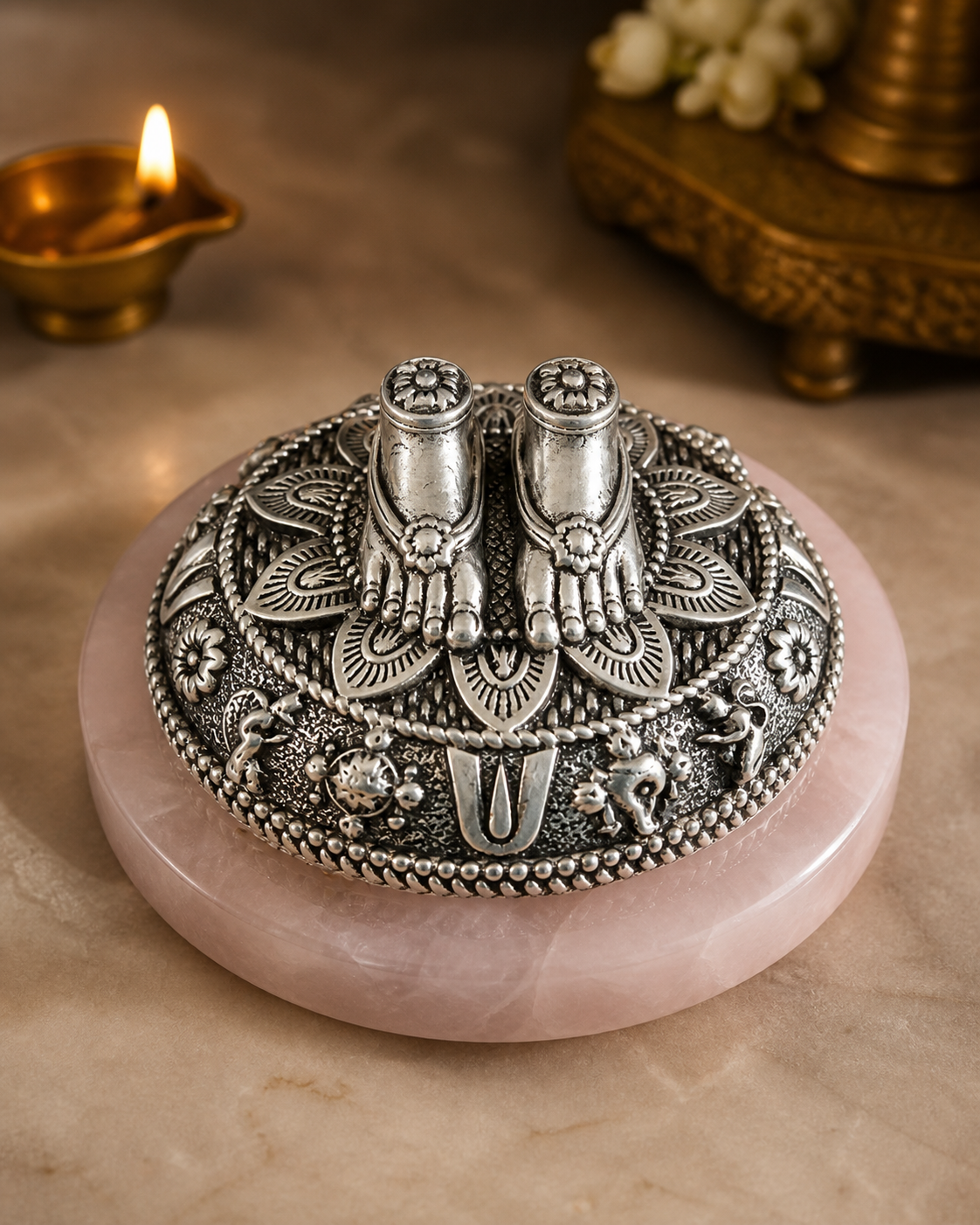 Tirupati Balaji Charan on Rose Quartz Base in Pure Silver Plating