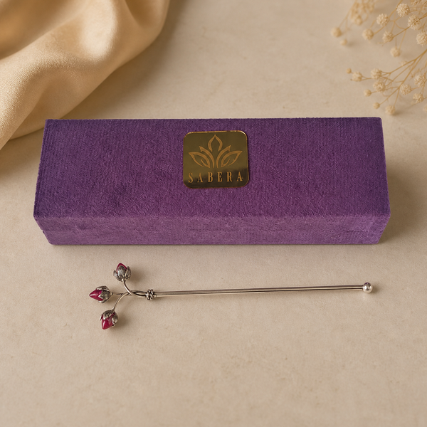 Trishakti Tilak Stick with Ruby Accents in Pure Silver Plating