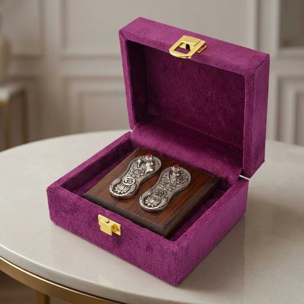 Vishnu Paduka set displayed inside a velvet gift box