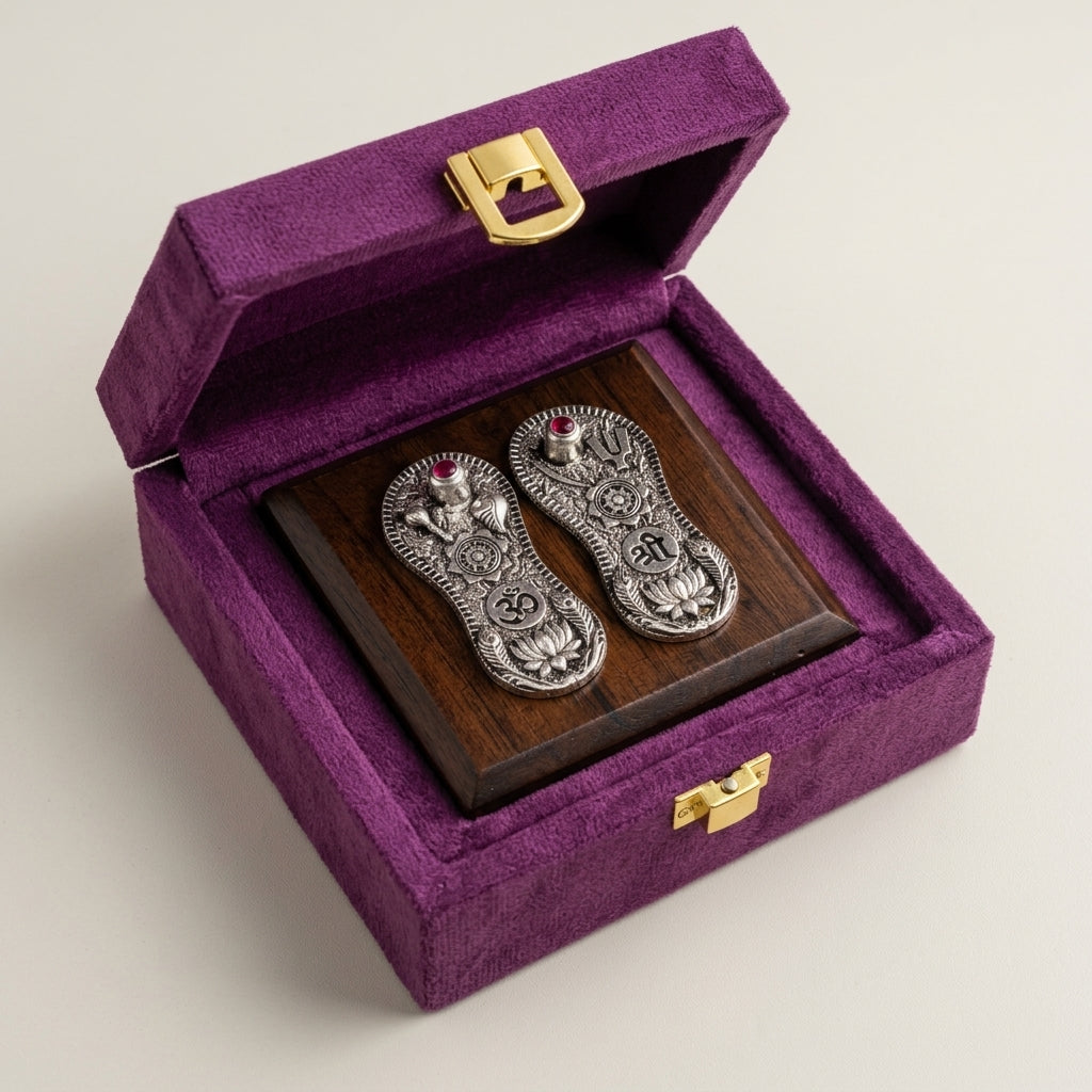 Vishnu Paduka on Wooden Base in Pure Silver Plating
