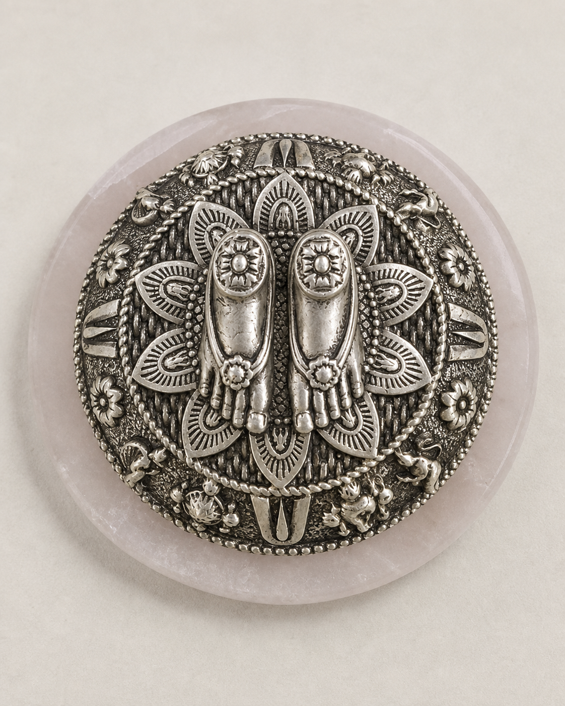 Tirupati Balaji Charan on Rose Quartz Base in Pure Silver Plating