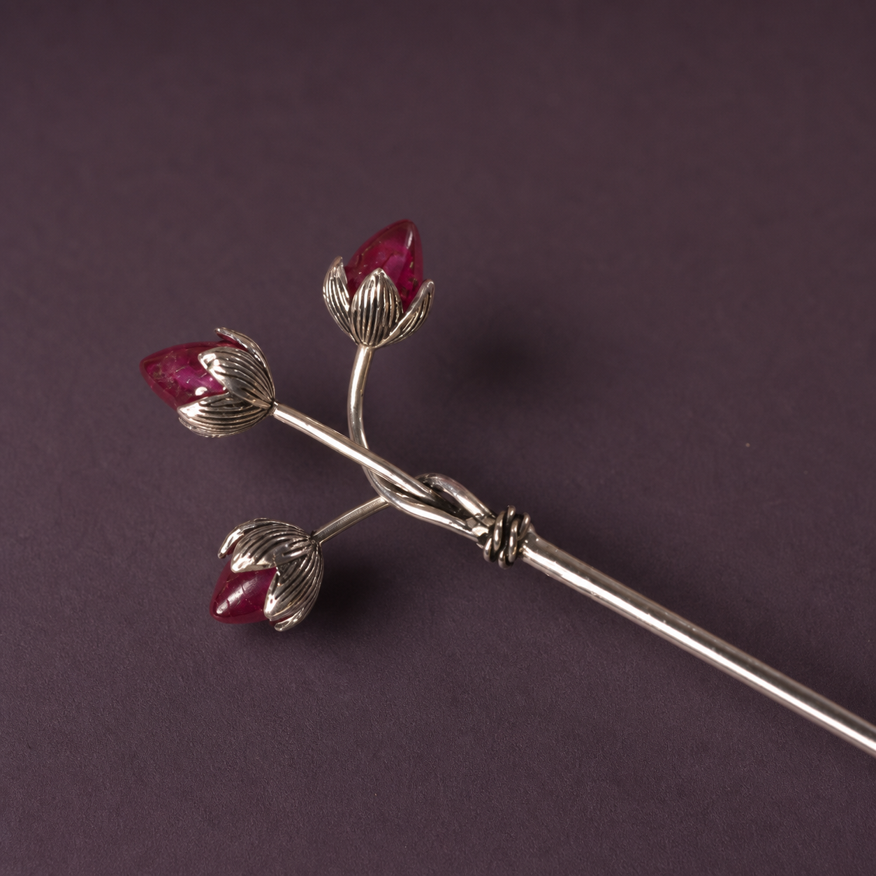 Trishakti Tilak Stick with Ruby Accents in Pure Silver Plating