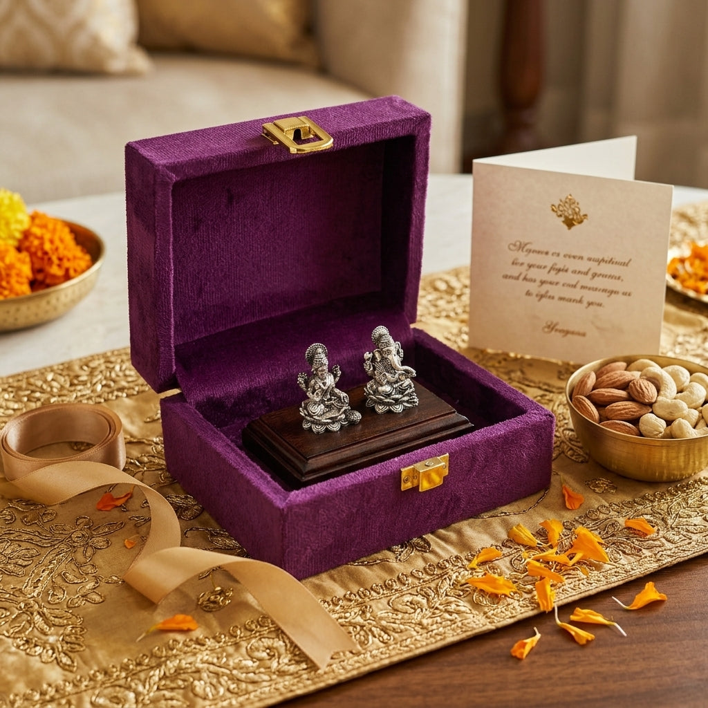 Lakshmi Ganesh Idol Set on Wooden Base in Pure Silver Plating
