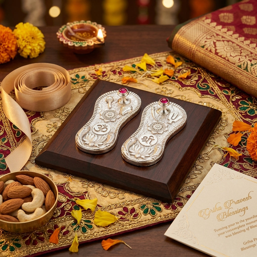 Vishnu Paduka silver idol set styled for festive gifting