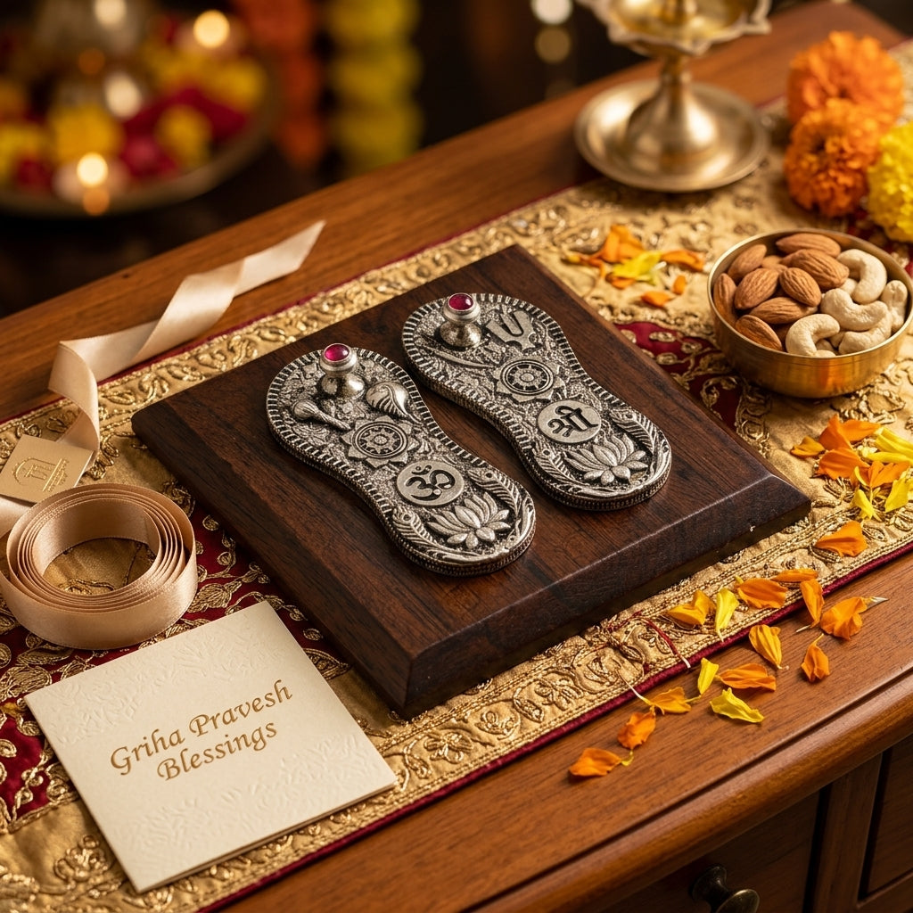 Vishnu Paduka on Wooden Base in Pure Silver Plating