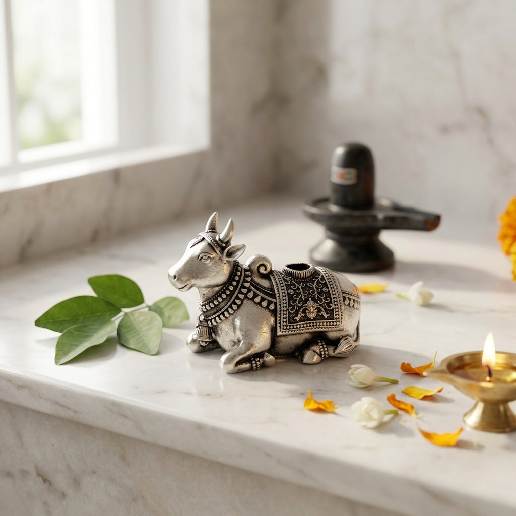 Nandi Dhoop Stand with Incense Sticks in Pure Silver Plating