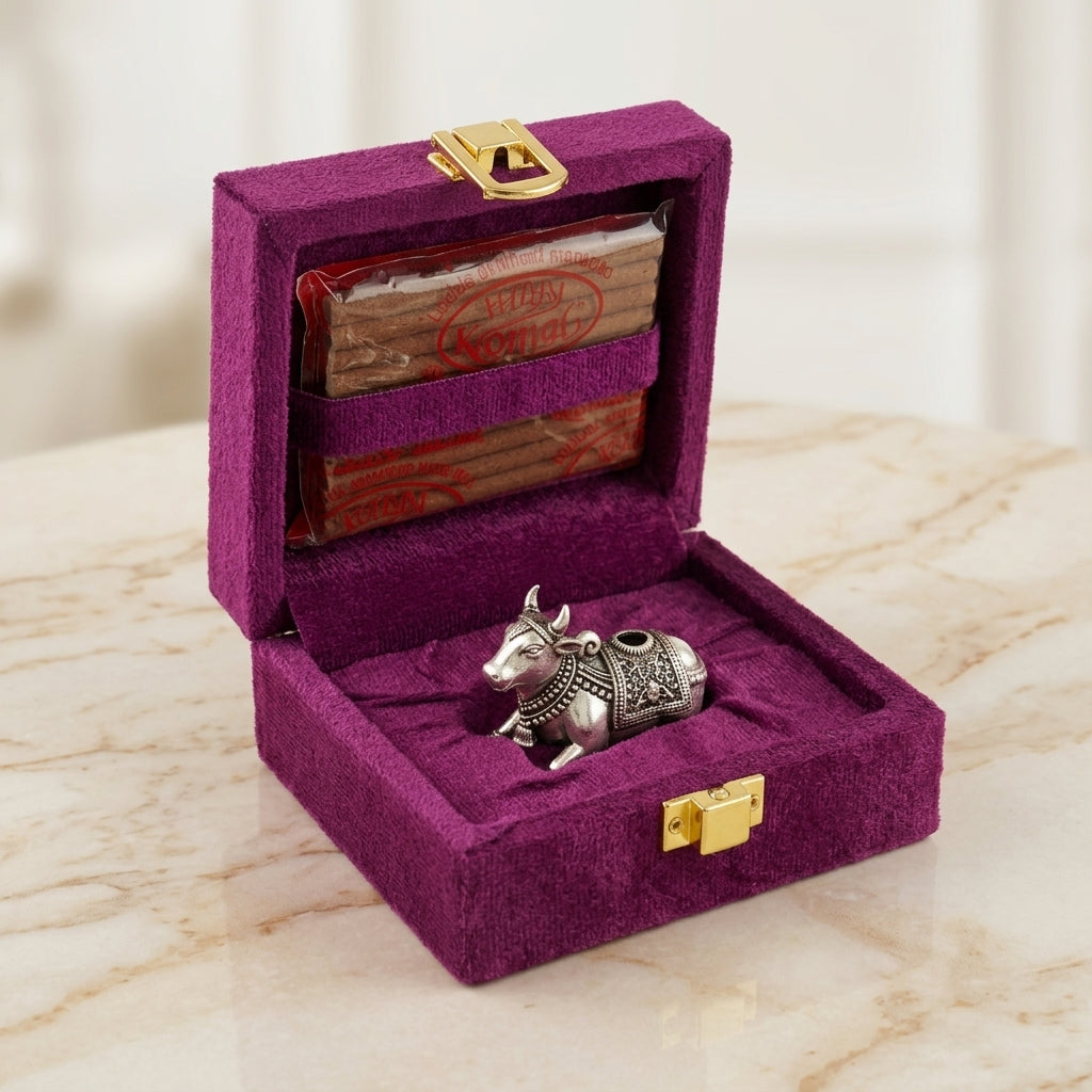 Nandi Dhoop Stand with Incense Sticks in Pure Silver Plating