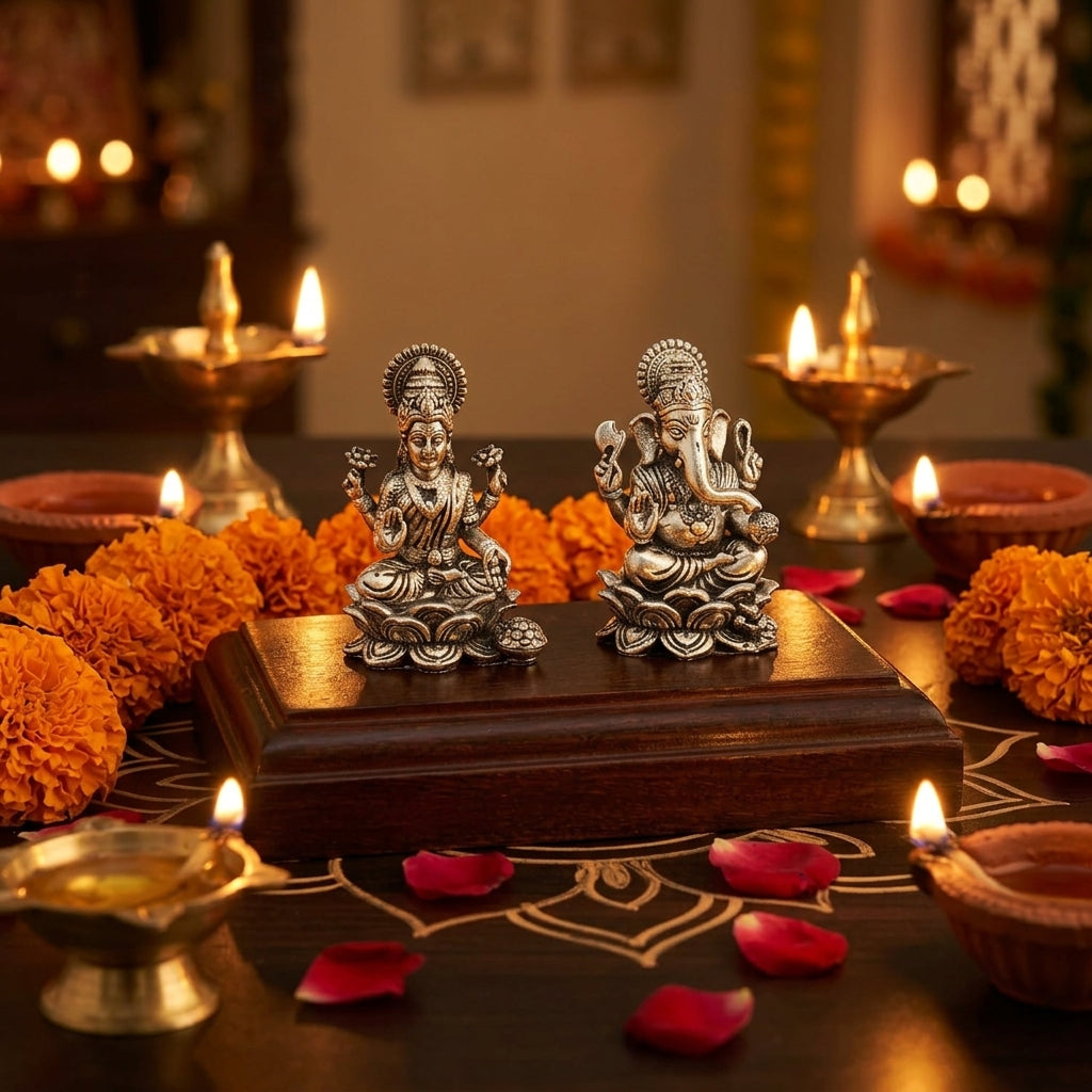 Lakshmi Ganesh Idol Set on Wooden Base in Pure Silver Plating