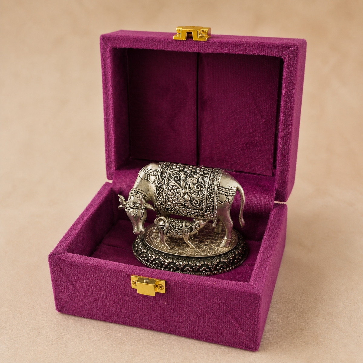 Kamdhenu Cow & Calf Sculpture in Pure Silver Plating