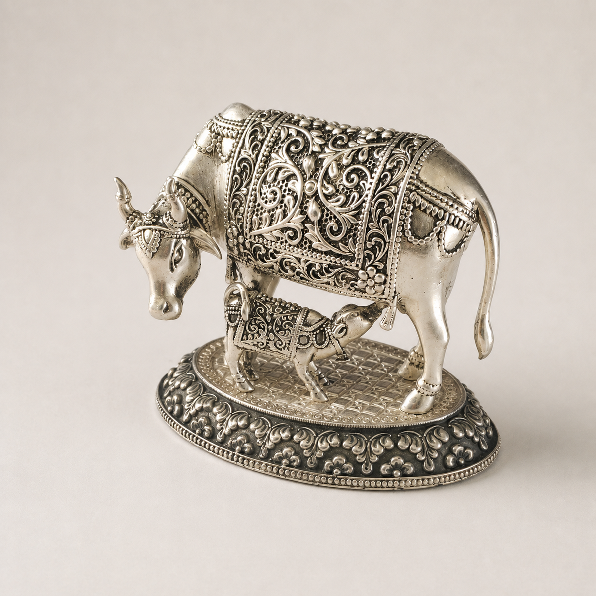 Kamdhenu Cow & Calf Sculpture in Pure Silver Plating