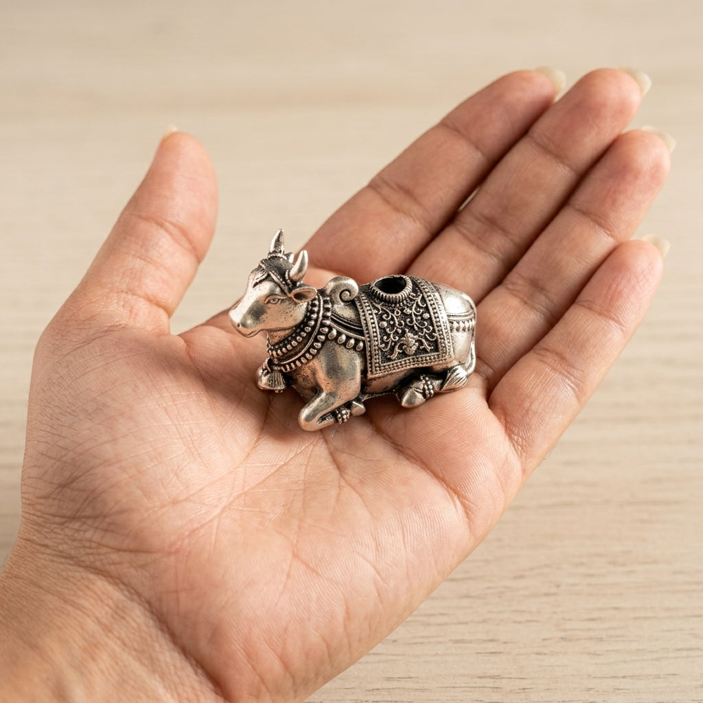 Nandi Dhoop Stand with Incense Sticks in Pure Silver Plating
