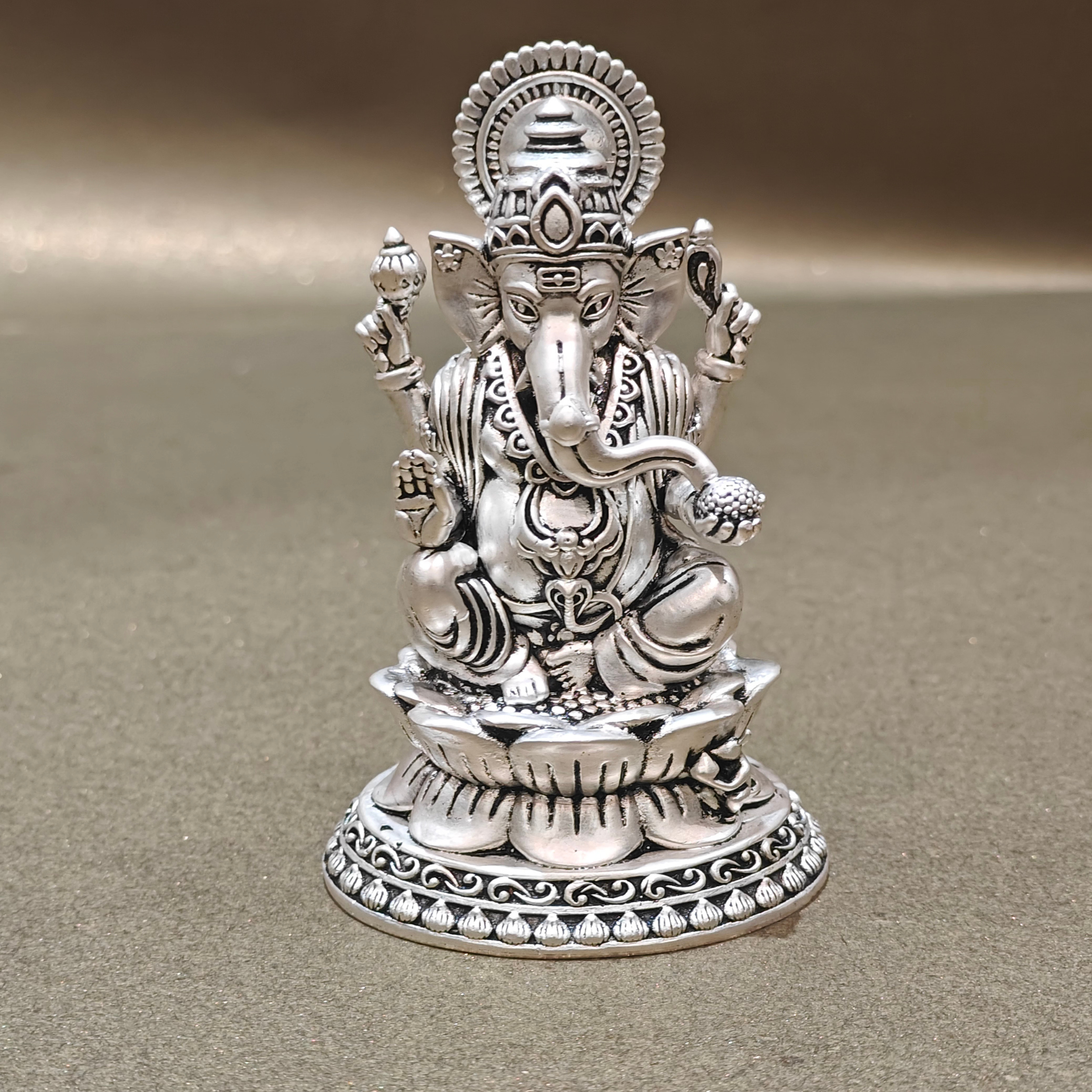 Silver-Plated Lord Ganesha Idol on Lotus Base
