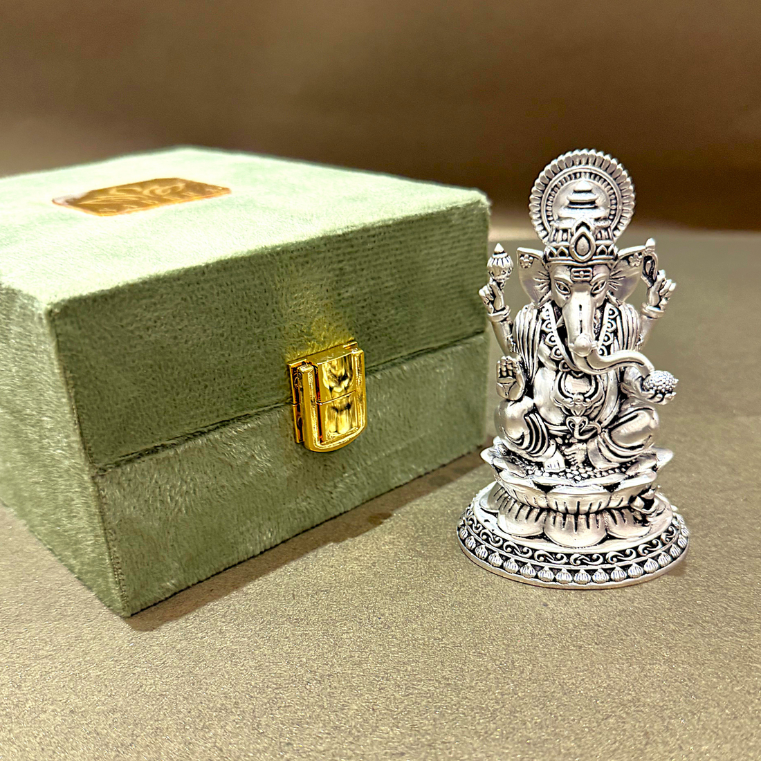 Silver-Plated Lord Ganesha Idol on Lotus Base