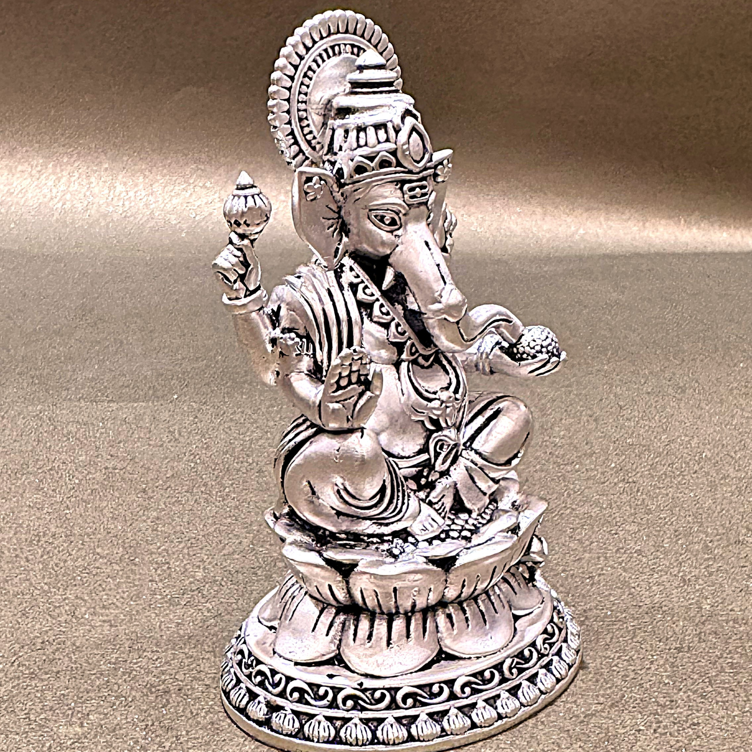 Silver-Plated Lord Ganesha Idol on Lotus Base