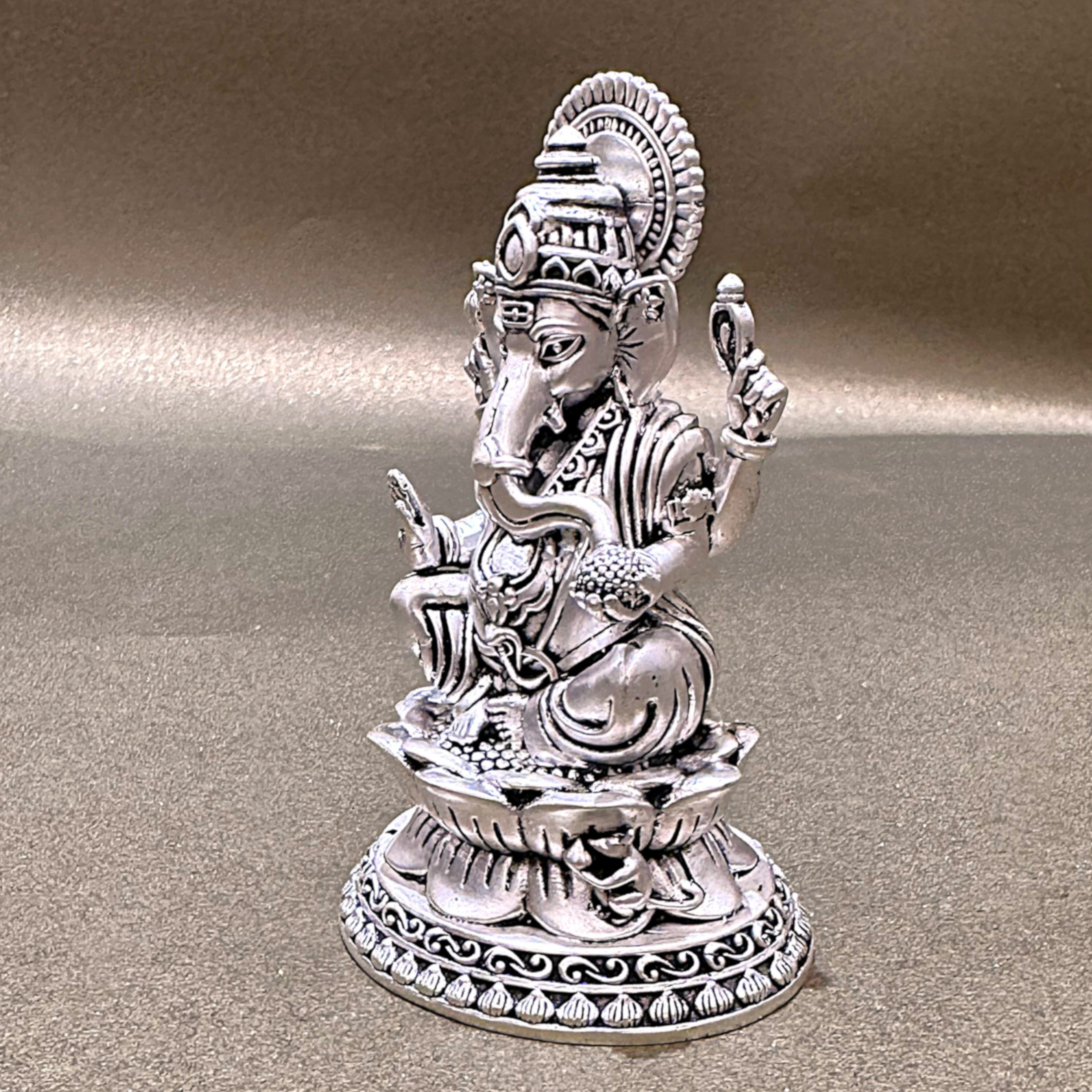 Silver-Plated Lord Ganesha Idol on Lotus Base