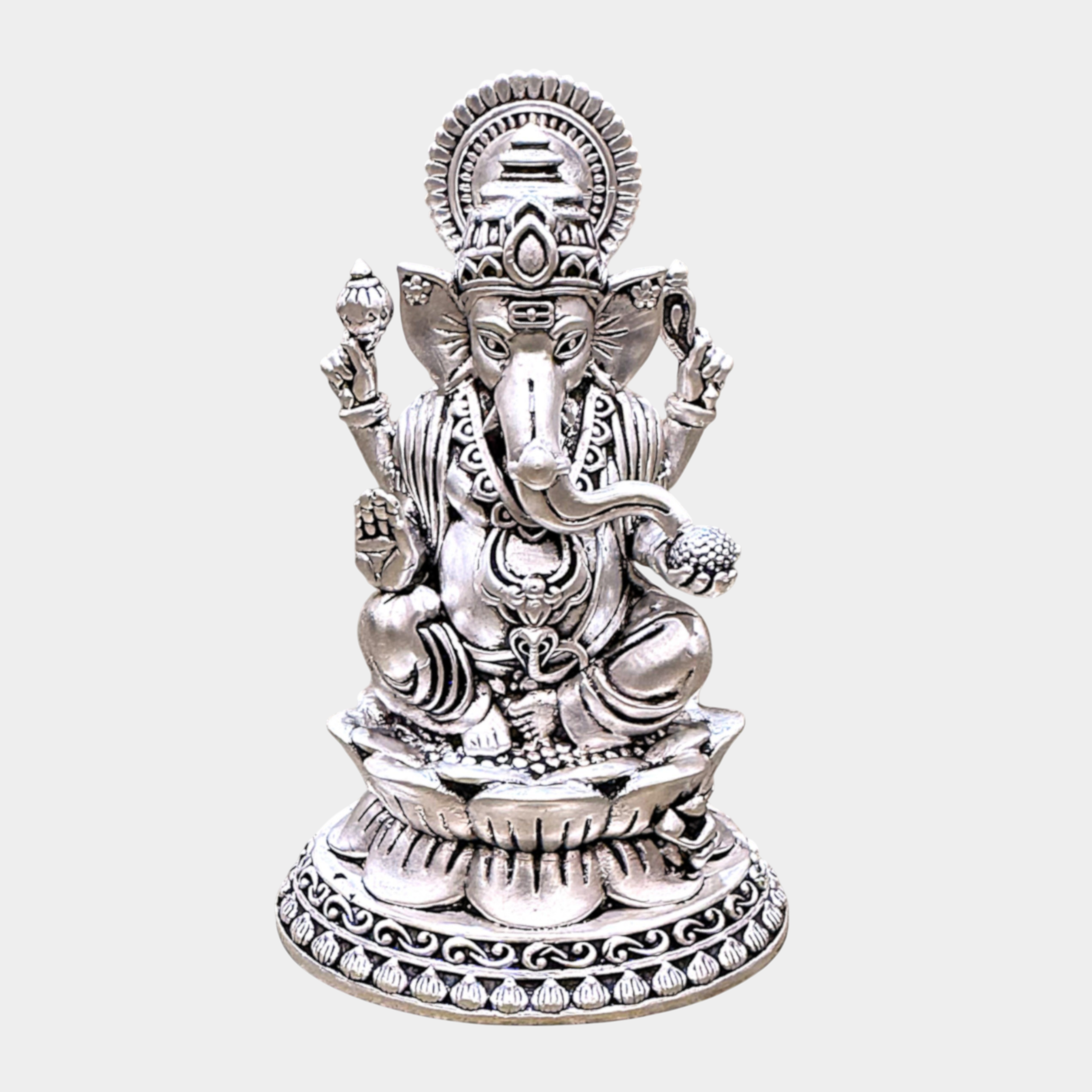 Silver-Plated Lord Ganesha Idol on Lotus Base
