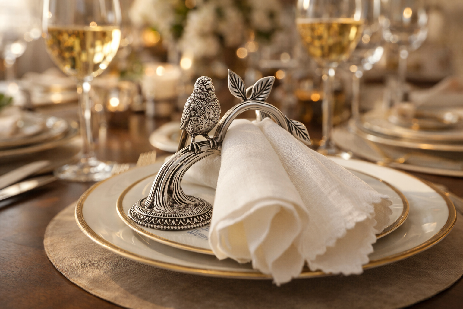 Pure Silver Plated Brass Bird on Branch Napkin Ring Set | Luxury Nature-Inspired Table Décor | Set of 4 or 6 | Premium Dining Accessory