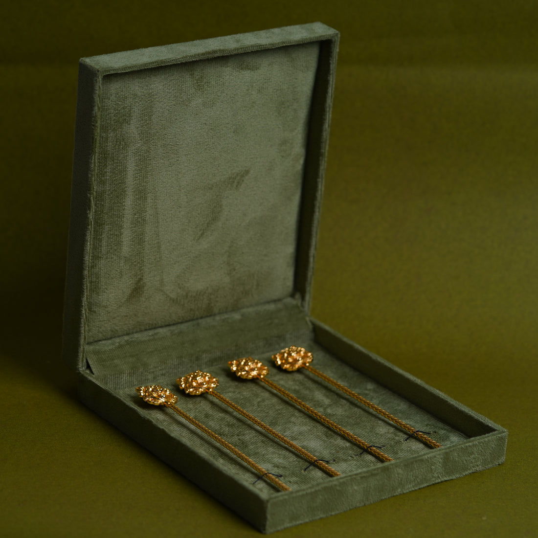 Gold Plated Brass Tiger Head Cocktail Stirrer Set | Luxury Fierce Wild Cat Bar Accessory | Set of 4 | Premium Barware & Gifting