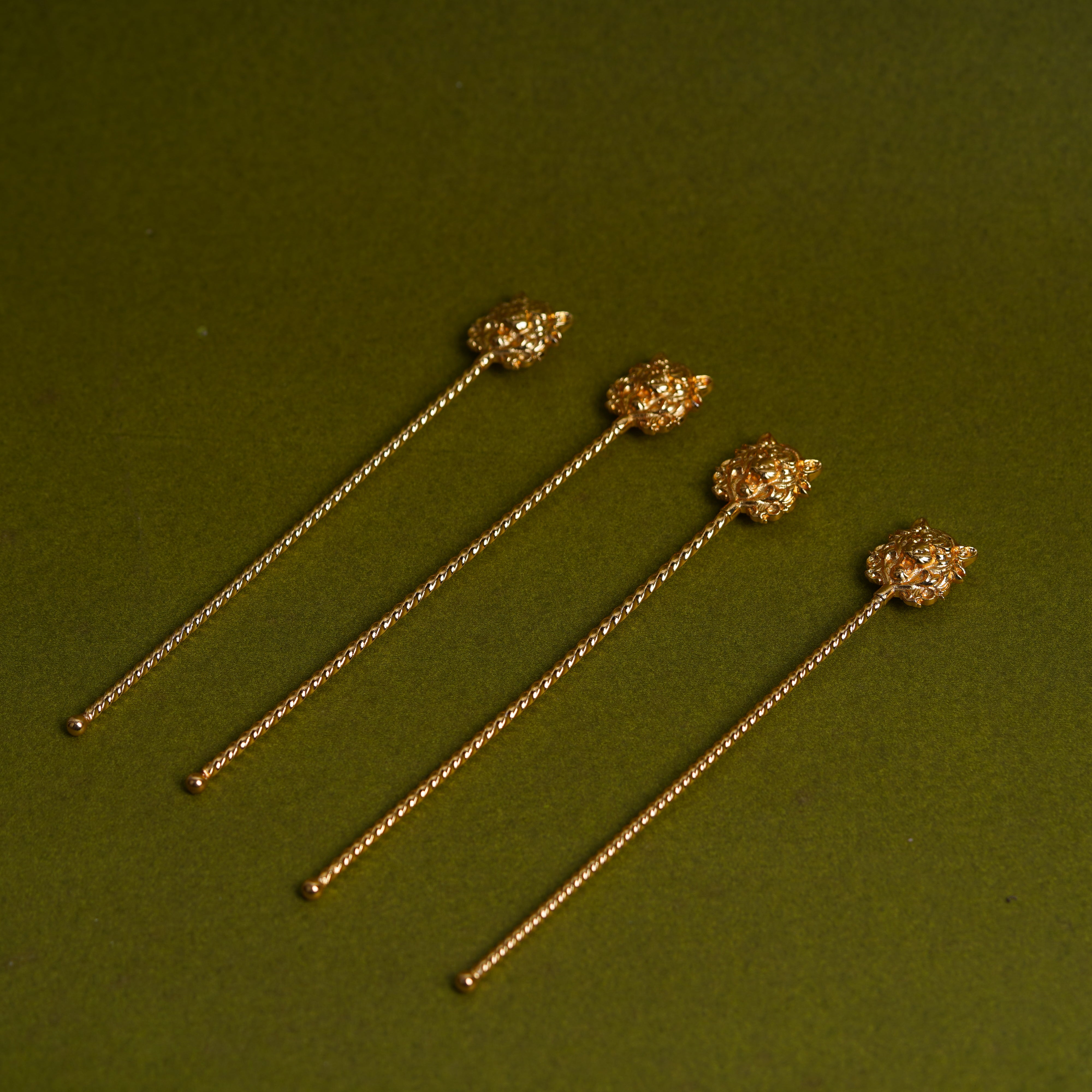 Gold Plated Brass Tiger Head Cocktail Stirrer Set | Luxury Fierce Wild Cat Bar Accessory | Set of 4 | Premium Barware & Gifting