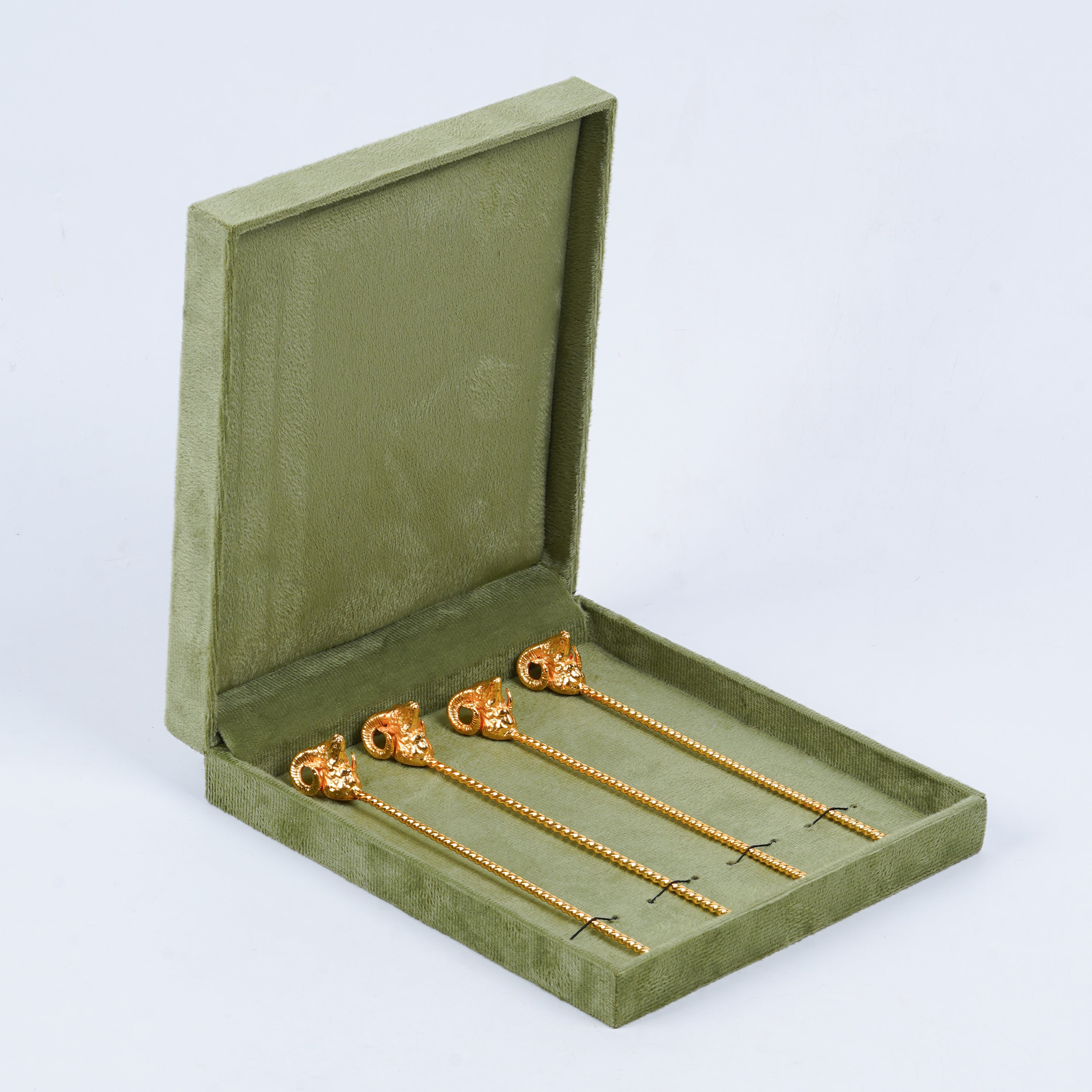 Gold Plated Brass Sheep Head Cocktail Stirrer Set | Luxury Ram Portrait Bar Accessory | Set of 4 | Premium Barware & Gifting