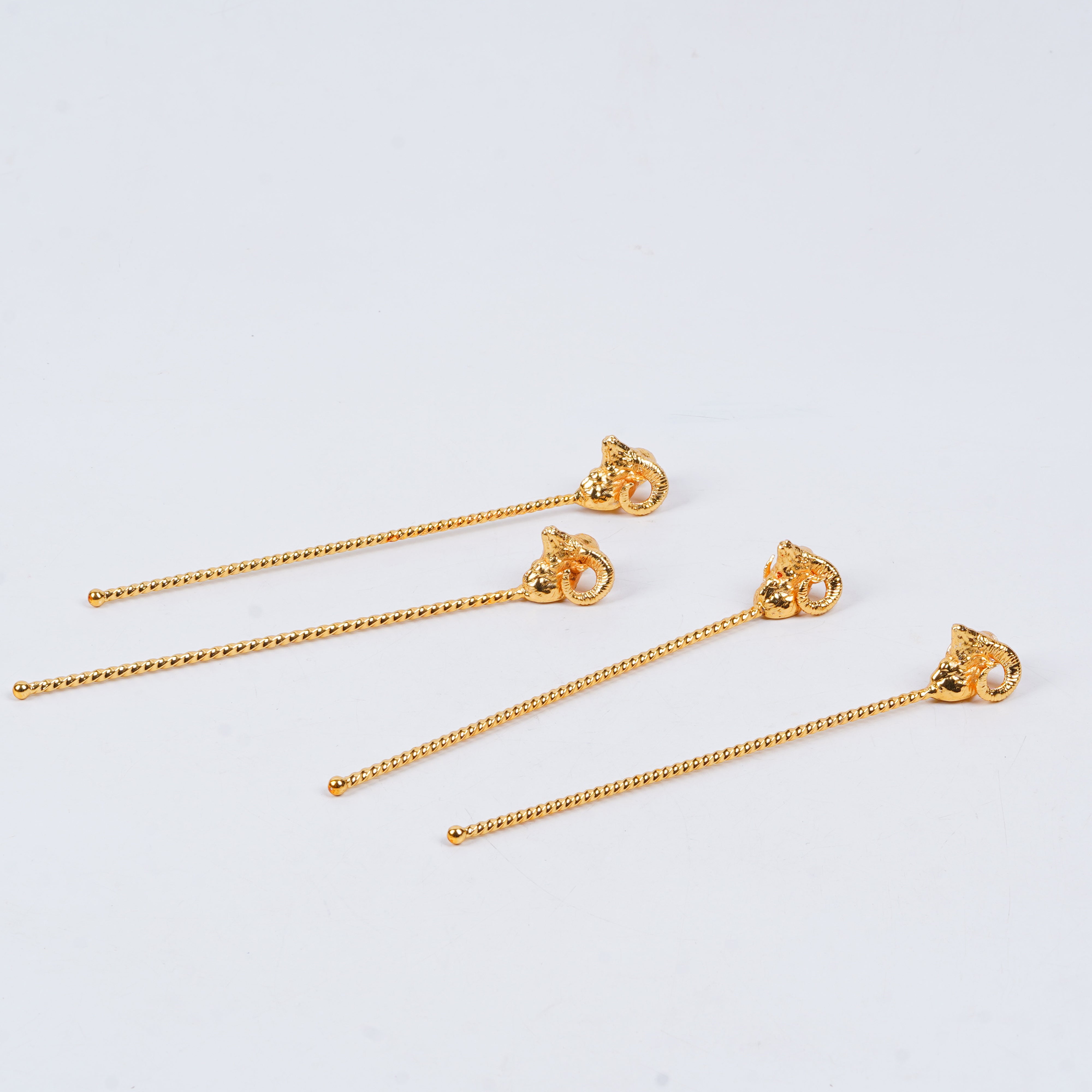 Gold Plated Brass Sheep Head Cocktail Stirrer Set | Luxury Ram Portrait Bar Accessory | Set of 4 | Premium Barware & Gifting