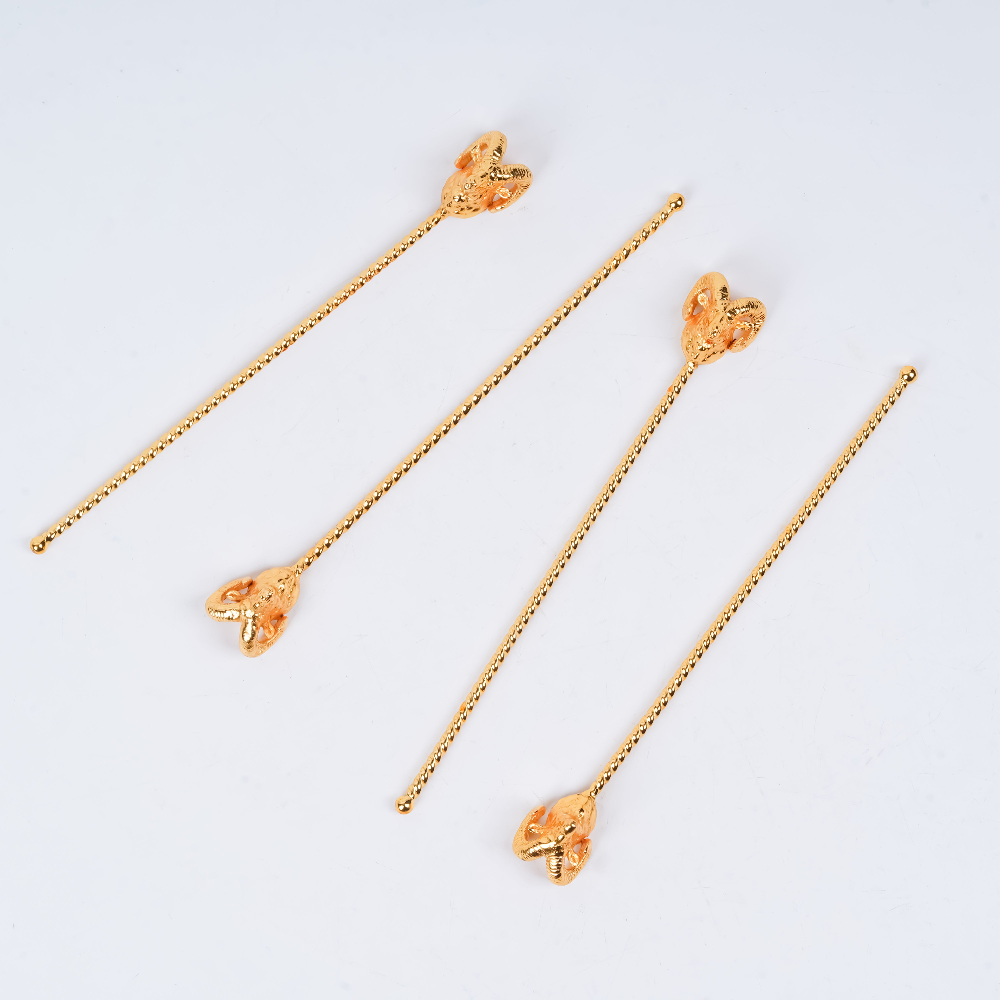 Gold Plated Brass Sheep Head Cocktail Stirrer Set | Luxury Ram Portrait Bar Accessory | Set of 4 | Premium Barware & Gifting